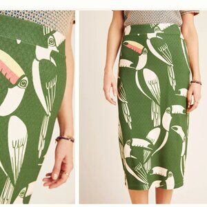 Farm Rio for Anthropologie Green Midi Toucans Pencil Skirt